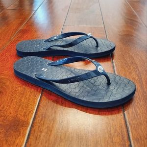 Coach Abbigail Flip Flops Turnlock Logo Thong Rubber Sandals Navy Blue Size 9/10